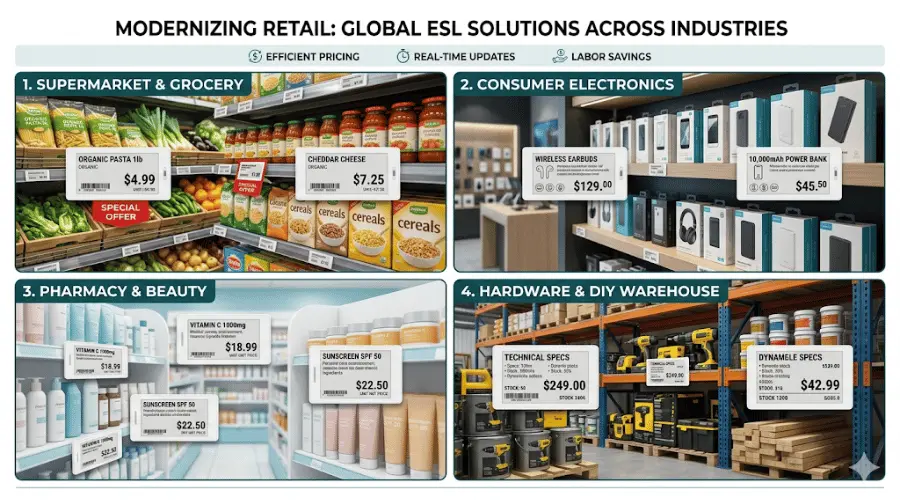 Electronic shelf labels used in grocery, electronics, pharmacy, and hardware retail environments